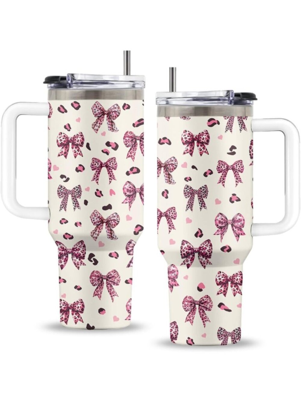 Leopard Print 40oz Tumbler with Handle & Straw - Insulated Stainless Steel Cup